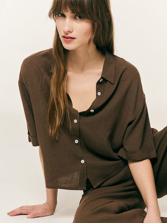 Short Sleeve Women's Linen Shirt Brown