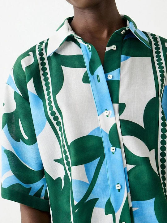 Short Sleeve Women's Linen Shirt Green