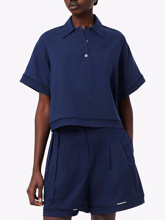 Lacoste Cămașă De Damă Cu Mâneci Scurte Din In Darkblue