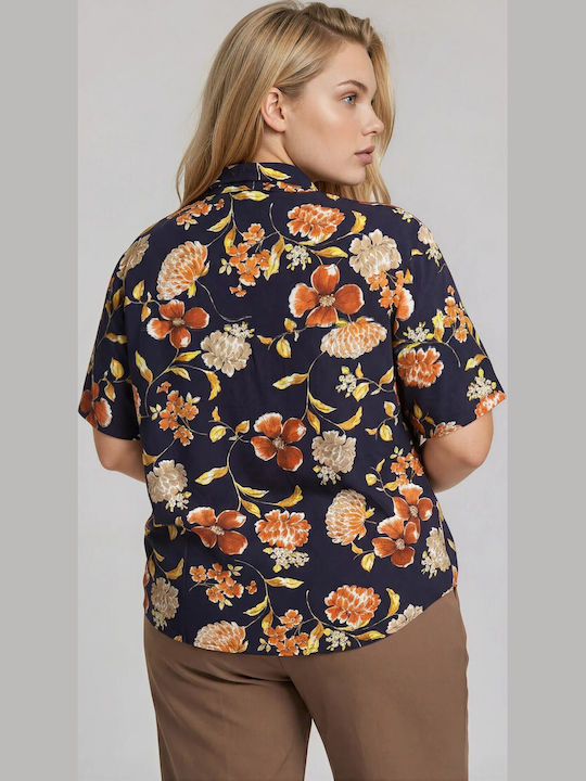 Short Sleeve Women's Denim Shirt Blue Floral