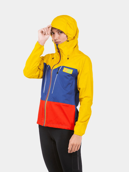 Packable Women's Jacket Running Waterproof and Windproof Dark Cobalt and Solar Yellow