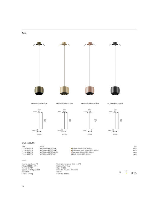 VK Lighting Ceiling Pendant Light Rose Gold LED With Warm White Light 10cm