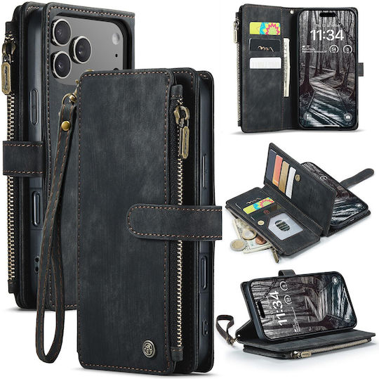 Caseme C30 Iphone 17 Pro Max Card Slots Zipper Wallet Synthetic Leather Case Black