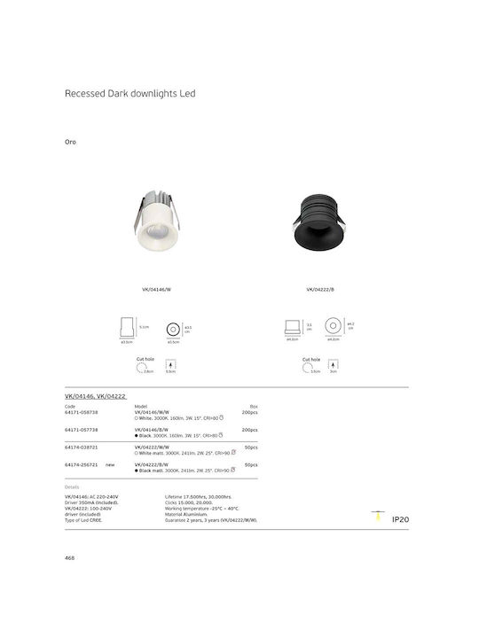 VK Lighting B W Spot Încastrat Metalic cu LED Încorporat și Lumină Albă Caldă Neagră 4.2x4.2cm