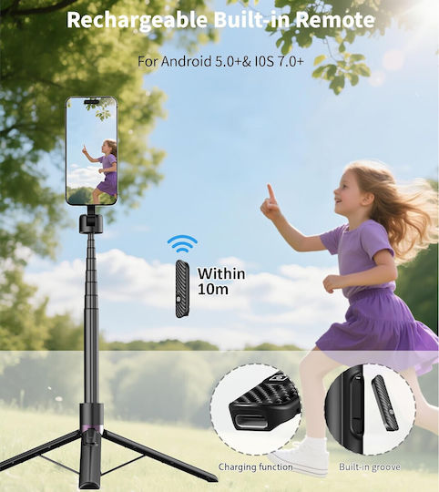 Toneof Selfie Stick Trepied cu Telecomandă Suport Magnetic Compact Stabil Rotire 360° Pliabil Magsafe 173 Cm Potrivit pentru Smartphone-uri