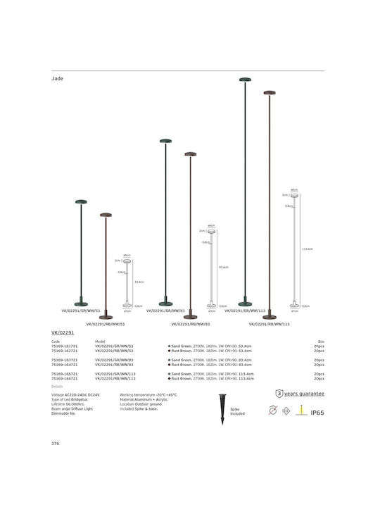VK Lighting Outdoor LED Floor Lamp for Exterior 1W with Warm White Light IP65 Green