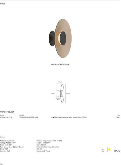VK Lighting Wall Lamp with Integrated LED and Warm White Light Black