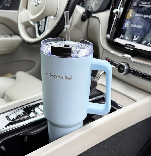 Kamille Stainless Steel Thermos Glass 1.2lt with Handle and Straw