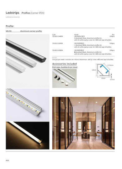 VK Lighting Προφίλ Αλουμινίου Ταινίας LED Γωνιακό με Οπάλ Κάλυμμα 200x0.2x0.2εκ.