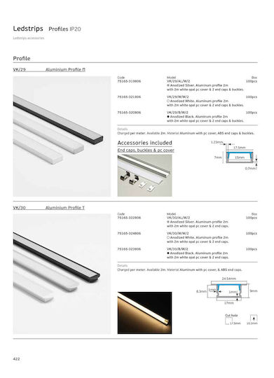 VK Lighting Προφίλ Αλουμινίου Ταινίας LED με Οπάλ Κάλυμμα 200x0.2x0.2εκ.