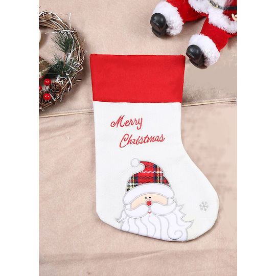 Ciorap Decorativ De Crăciun Cu Moș Crăciun M30xL16cm Alb