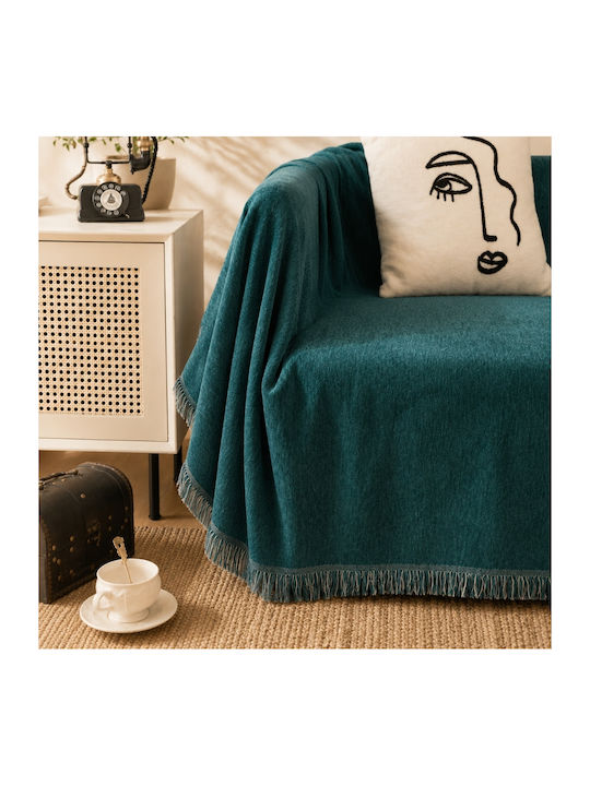 My Home Luxury Three-Seater Sofa Throw Jacquard 180x280cm Petrol Blue