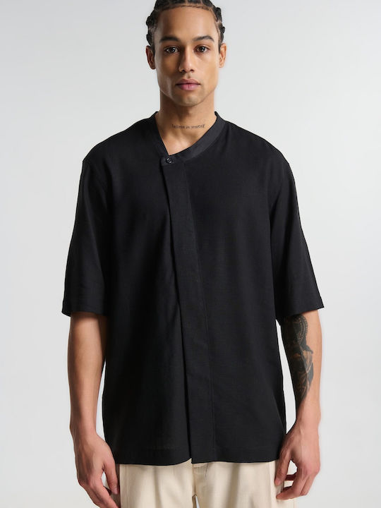 Short Sleeve Linen Shirt in Wide Fit Black