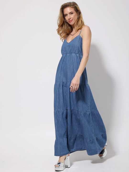 Summer Maxi Denim Dress with Ruffles Blue Jean