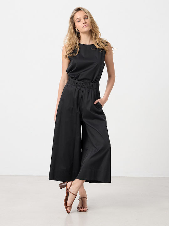 Women's Zip Culottes with Rubber Band in Loose Fit Black