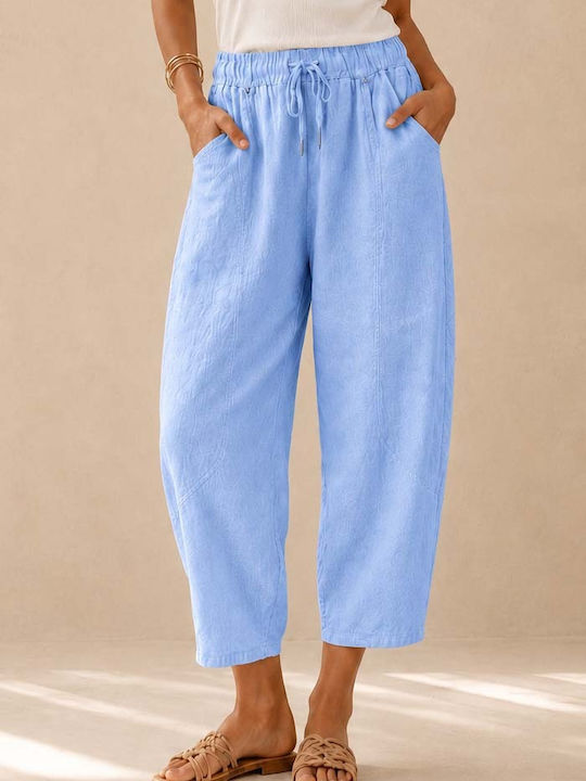 Women's Linen Pantaloons with Rubber Band Relaxed Fit Light Blue