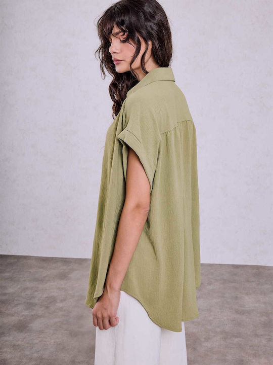 Celestino Γυναικείο Πουκάμισο Oversized Σούρες Loose Fit Λαδί Celestino Γυναικείο Πουκάμισο Oversized Σούρες Loose Fit Λαδί
