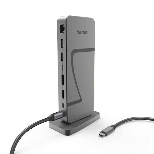 HAMA Connect2Office Speed USB-C Докинг Станция с HDMI/DisplayPort 4K PD Ethernet и Свързване на 3 Монитора Сива