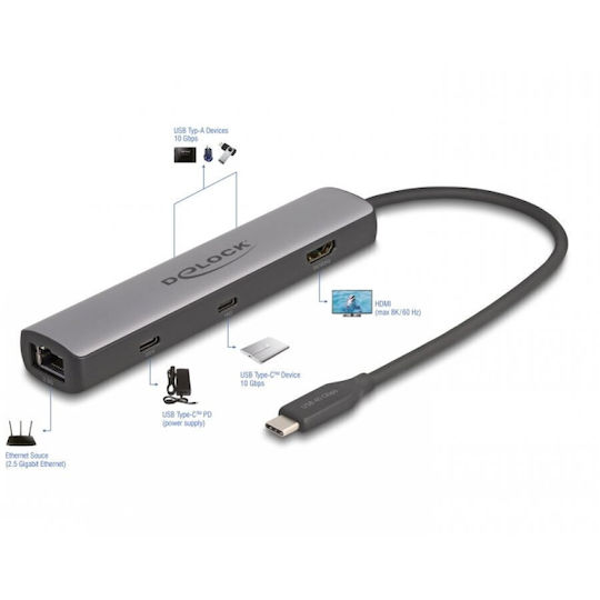 DeLock USB-C Docking Station με HDMI 4K PD Ethernet Γκρι (87865)