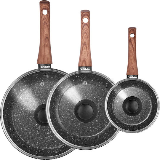 Vilde Σετ Τηγάνια από Αλουμίνιο Black&Wood με Αντικολλητική Επίστρωση 3 Σκευών