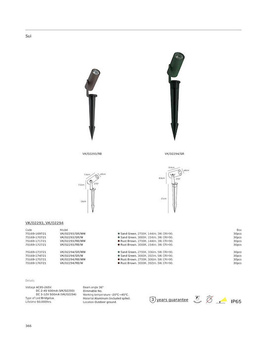 Brown Rust 2700k 3w 144lm Ac85-265v Dc 2-4v 600ma Led Bridgelux 50,000hrs 36° Dim No -20°c→ 45°c Outdoor Ground Cri>90 Aluminum Includes Spike Ip65 Vk 02293 Rb Ww 75169-171721