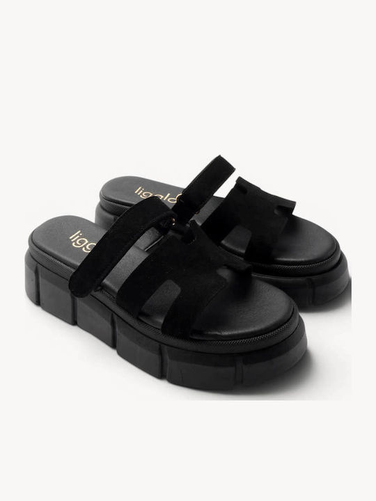 Sandale Casual Damă Negru De Piele Chunky Flatforme Slides Laser Cut Fază