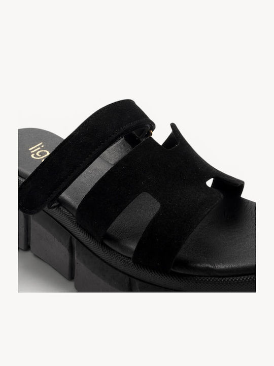 Sandale Casual Damă Negru De Piele Chunky Flatforme Slides Laser Cut Fază