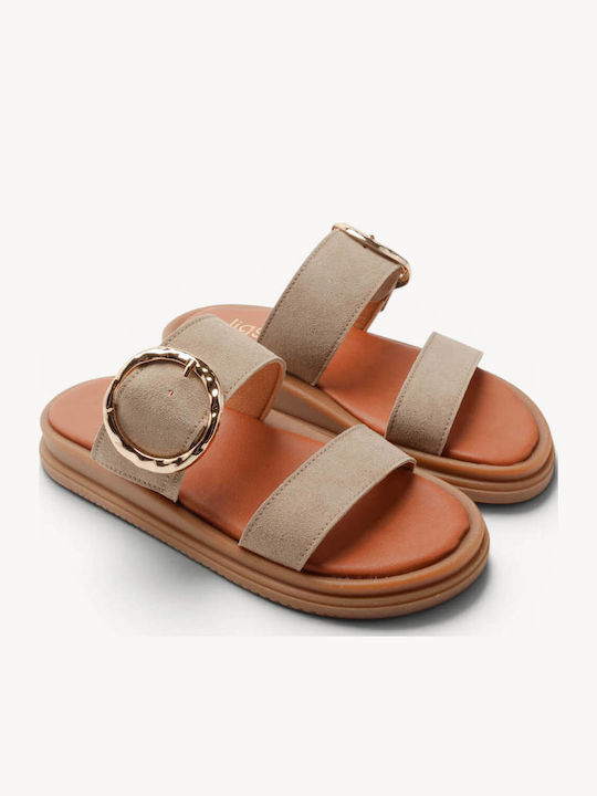 Beige Leder Flatforms Mit Großem Metallischen Schnallen