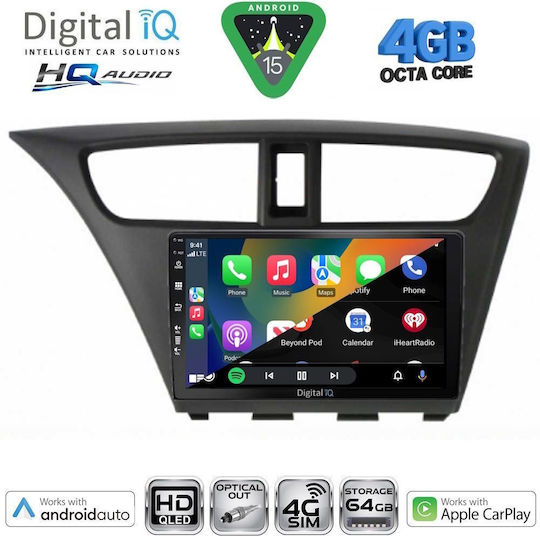 Digital IQ Auto-Audiosystem für Honda Civic 2012-2016 Bluetooth USB Eingebautes Wi-Fi GPS Apple CarPlay Android Auto mit 9 Zoll Touchscreen