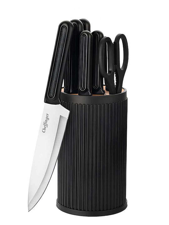 Cheffinger Комплект От 7 Ножове Със Стойка Ножици Ергономични Дръжки Черни Сребристи
