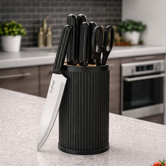 Cheffinger 7-piece Knife Set Storage Block Scissors Ergonomic Handles Black Silver