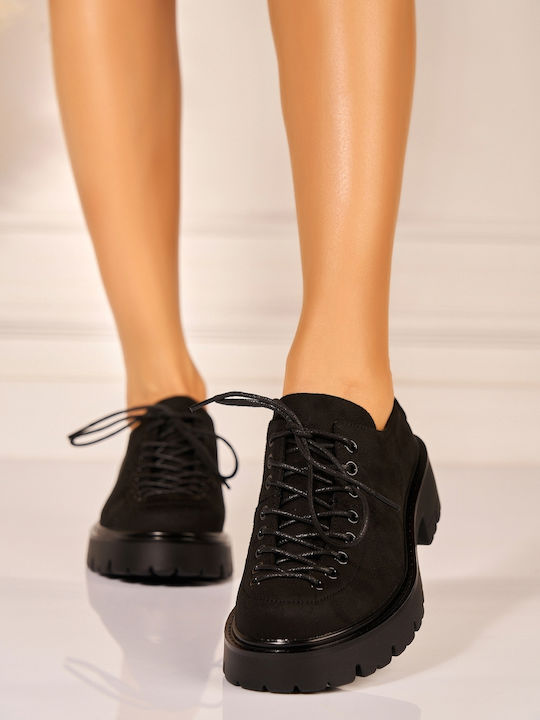Suede Γυναικεία Oxfords σε Μαύρο Χρώμα
