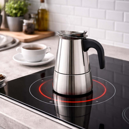 Cheffinger Italian Stainless Steel Moka Pot 6 Cups Induction Compatible Silver