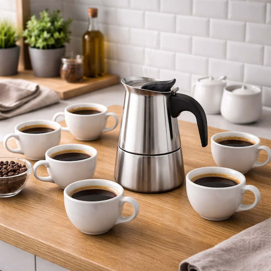 Cheffinger Italian Stainless Steel Moka Pot 6 Cups Induction Compatible Silver