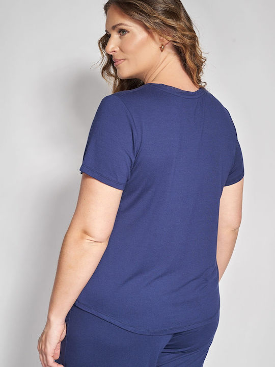 Bluza Damă Mâneci Scurte cu Decolteu în V Albastră