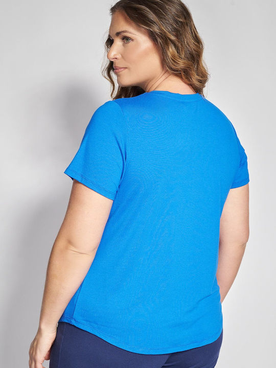 Bluza Damă Mâneci Scurte cu Decolteu în V Albastră