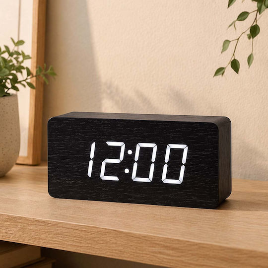 Avizar Wooden Clock Clear Digital Led Display Black