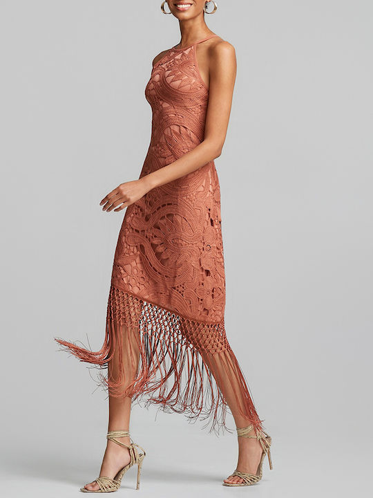 Summer Midi Dress for Wedding / Christening Off-Shoulder with Lace Terracotta