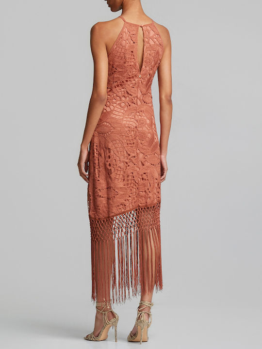 Summer Midi Dress for Wedding / Christening Off-Shoulder with Lace Terracotta