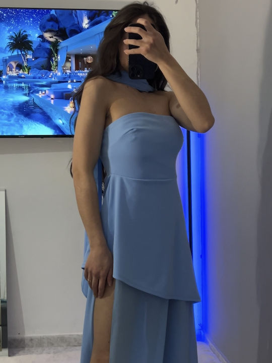 Καλοκαιρινό Maxi Φόρεμα για Γάμο / Βάπτιση Strapless με Τούλι Γαλάζιο