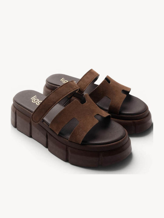 Brown Leather Chunky Flatform Slides Laser Cut Strap