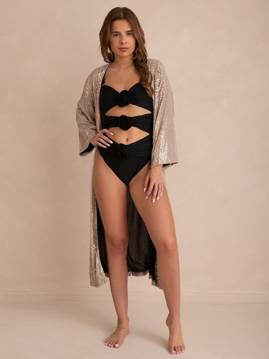 One Piece Swimsuit Appliqué Roses Size S Black