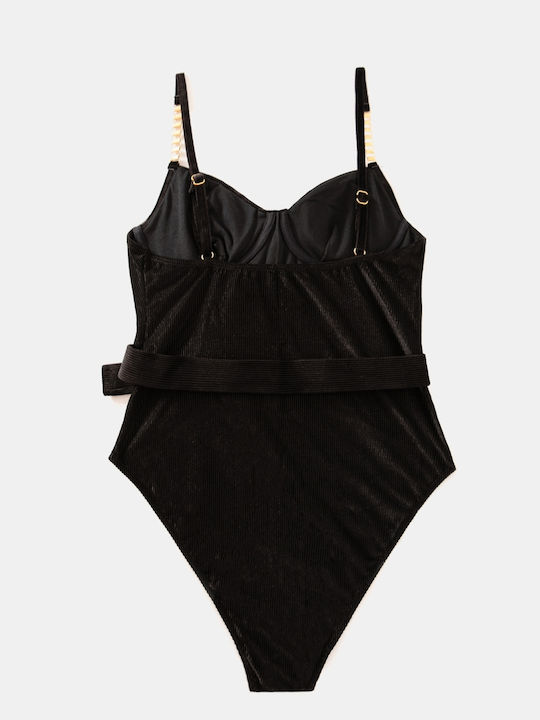 One Piece Swimsuit Velvet Belt Black Size S Black