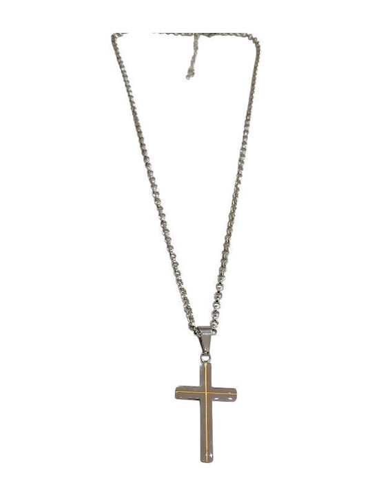 Kalliopi Silver Crucifix Pentru Bărbați Din Oțel Plăcut Cu Aur Cu Lanț