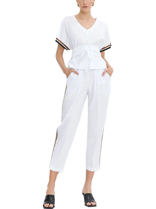 Women's High Rise Fabric Trousers with Rubber Band in Regular Fit Striped White