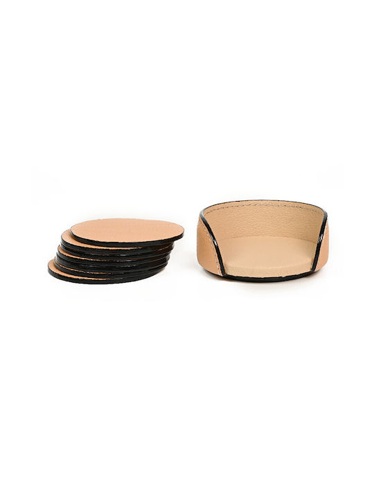 BagCity Round Coasters Made of Brown Artificial Leather with Stand 6 Pieces