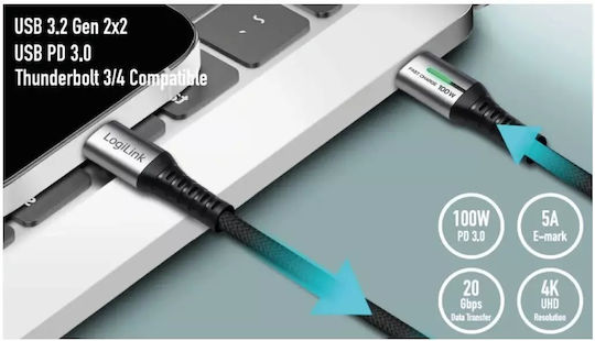 LogiLink LED USB 3.2 Cable USB-C male - USB-C 100W PD Μαύρο 2m CU0434