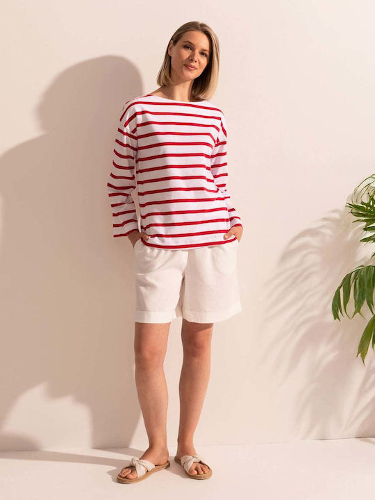 Bluza Damă Bumbac Mânecă Lungă cu Decolteu în V Model Cu Dungi Roșii