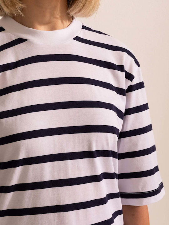 Bluza Damă Bumbac Mâneci Scurte Cu Dungi Albastru Marin