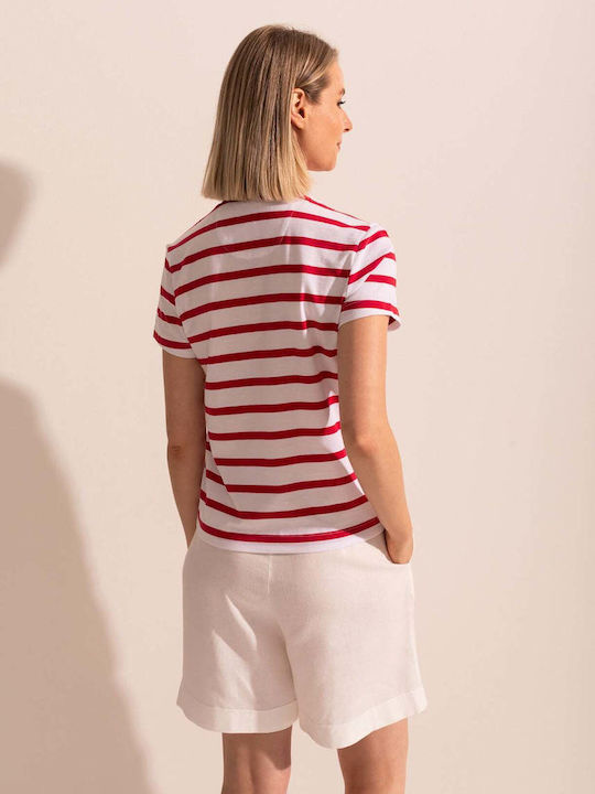 Bluza Damă Bumbac Mâneci Scurte Cu Dungi Roșii Red Stripes